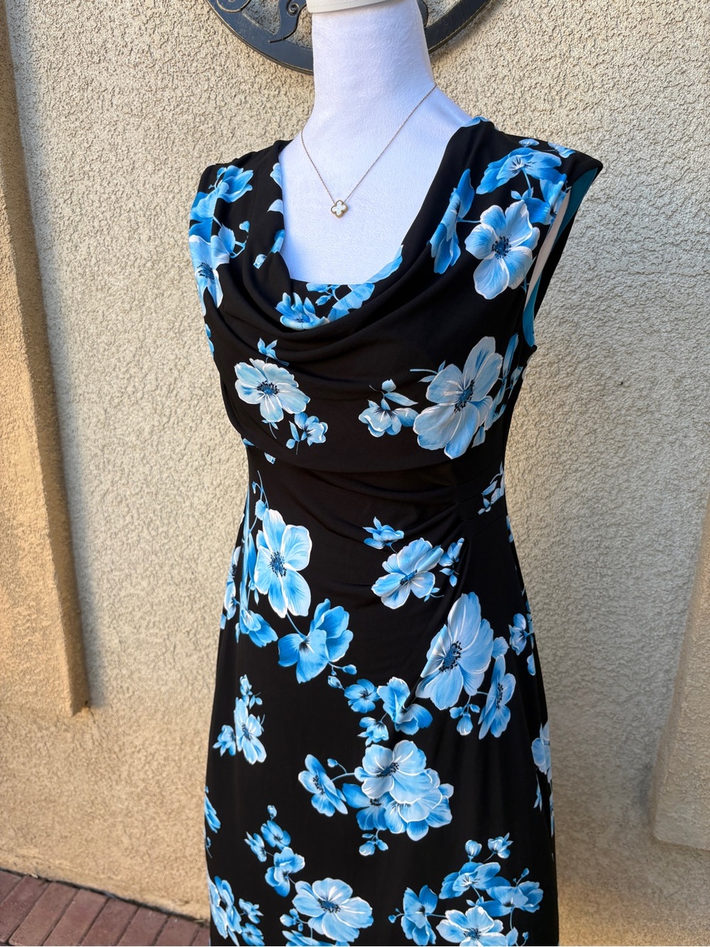 Connected Apparel Y2K Tropical Black Blue Floral Cowl Neck Sleeveless Midi Dress - Picture 2 of 7
